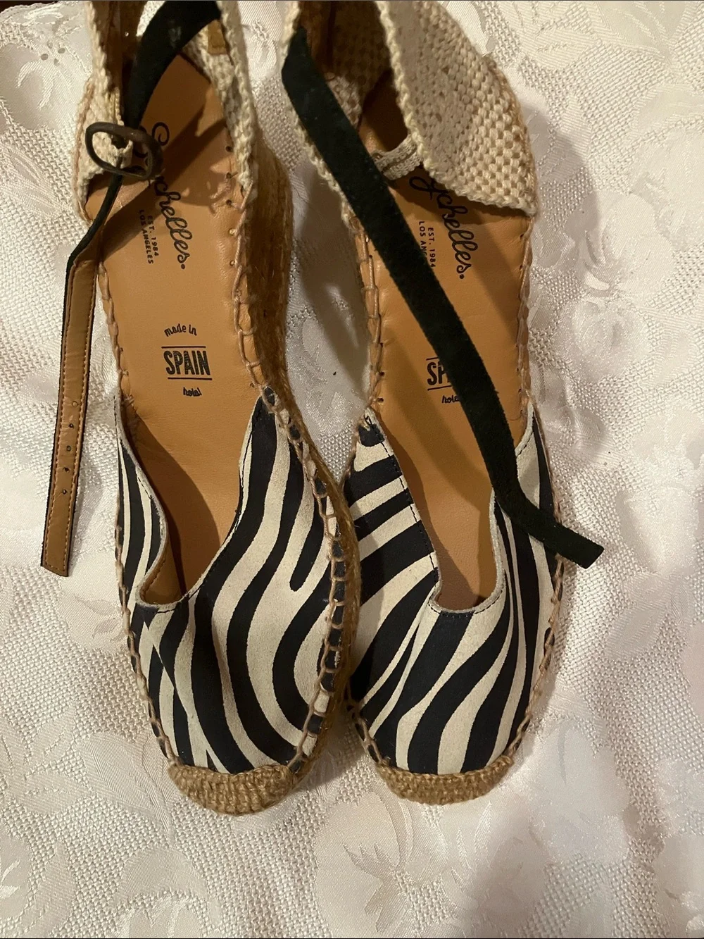 Seychelles Black and White Striped Espadrille Wedges with Ankle Tie